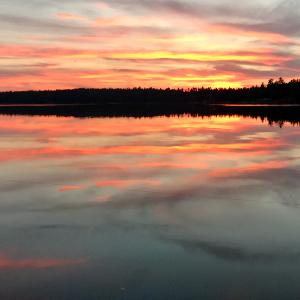 A vibrant orange and pink sunset reflected in the perfectly calm water of a remote Canadian lake lined with pine trees.