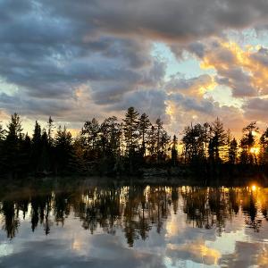 A vibrant sunrise with golden light reflecting off a calm lake and a silhouette of pine trees in the Canadian wilderness.