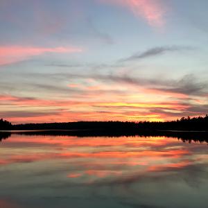 Vibrant pink and orange sunset reflecting on the calm surface of a remote lake with a dark forested shoreline silhouette.