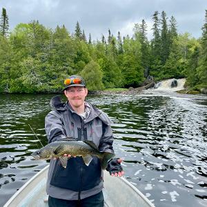 Fisherman in a boat holding a walleye with a waterfall and dense forest in the background.
