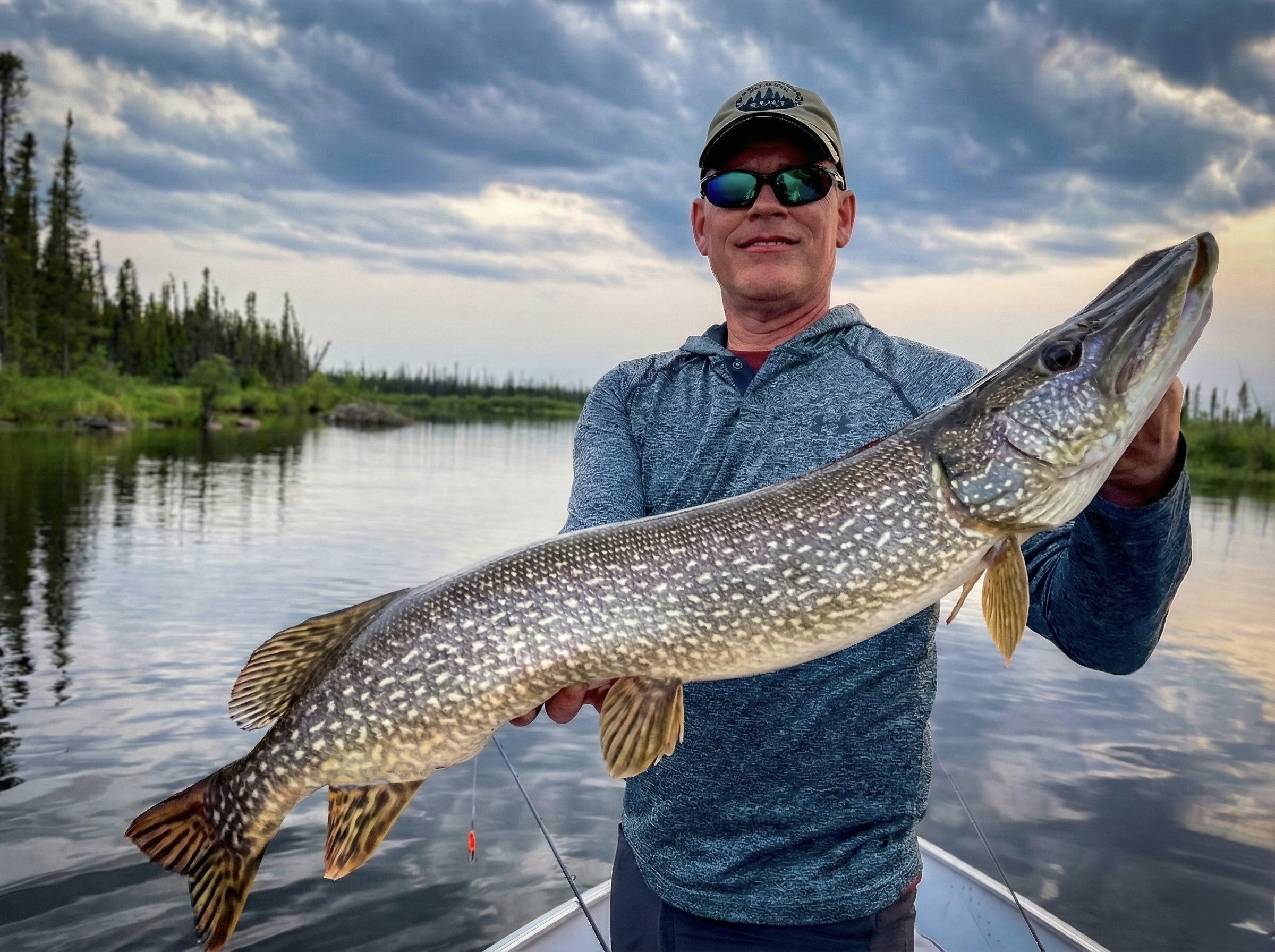 A fisherman in a boat holding a large, spotted Northern Pike horizontally against a backdrop of a blue lake and sky.